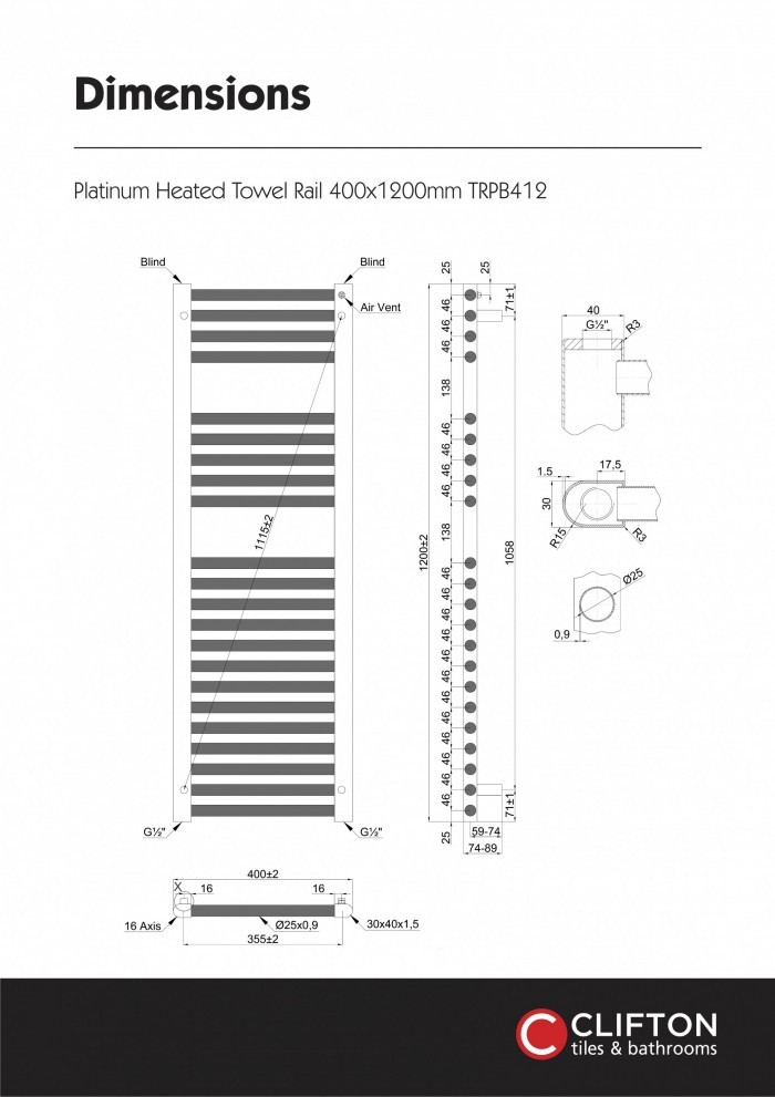 Platinum Heated Towel Rail 400x1200mm Trpb412